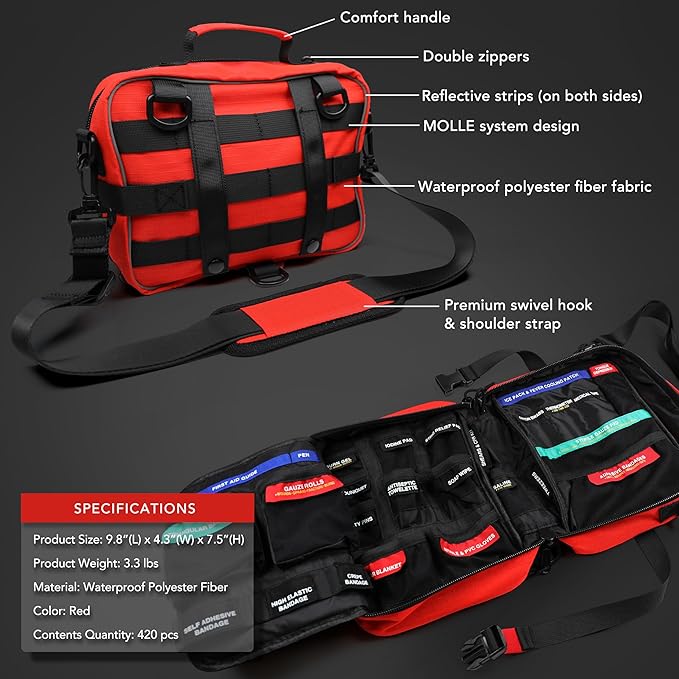 430 Piece First Aid Kit, Well-Organized Premium Waterproof Compact Trauma Medical Kits for Any