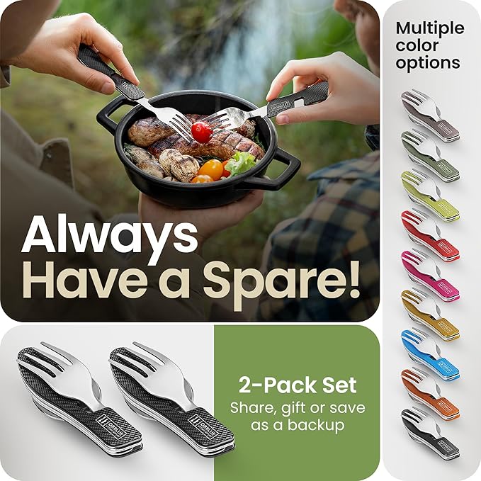 Orblue 4-in-1 Camping Eating Utensils, 2-Pack - Portable Spoon, Fork, Knife & Bottle Opener Combo
