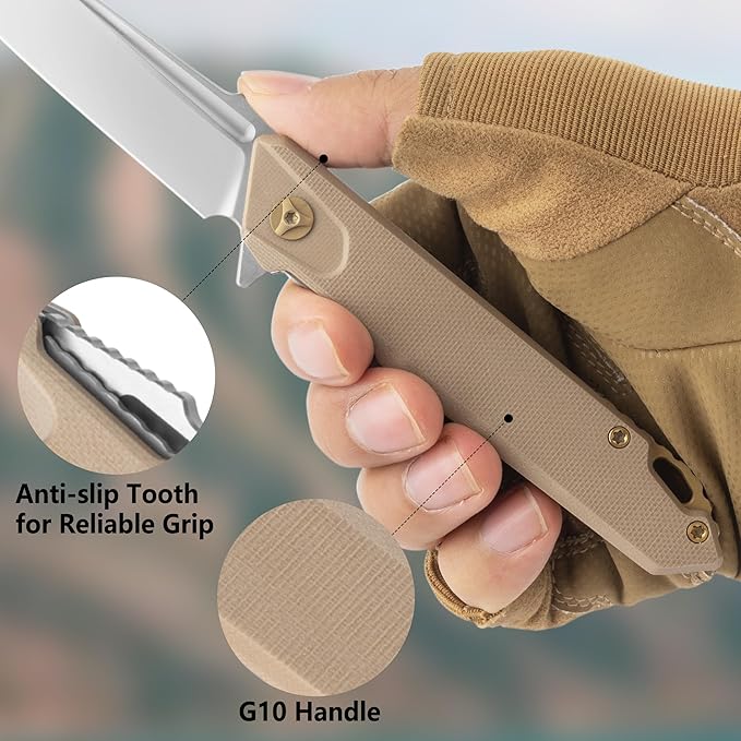 FLISSA Folding Pocket Knife, EDC Knife with D2 Steel Blade and G10 Handle, Pocket Clip, Suitable