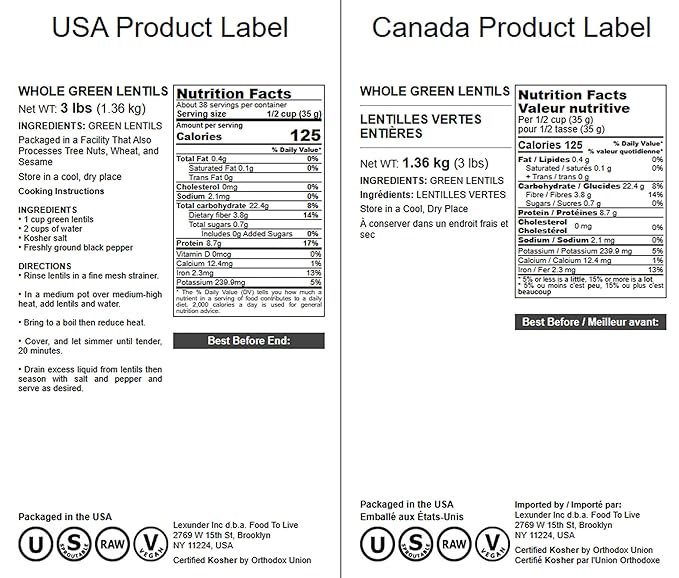 Food to Live - Whole Green Lentils, 3 Pound Dried Raw Lentils, Sproutable, Kosher, Vegan. Rich in