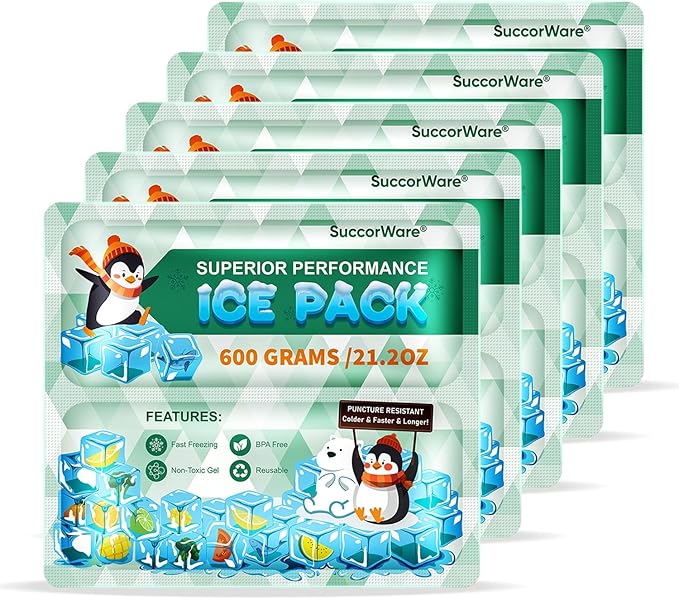 5 Packs Reusable Ice Packs for Lunch Boxes - 12+ Hour Cooling Ice Gel Pack for Camping, Beach