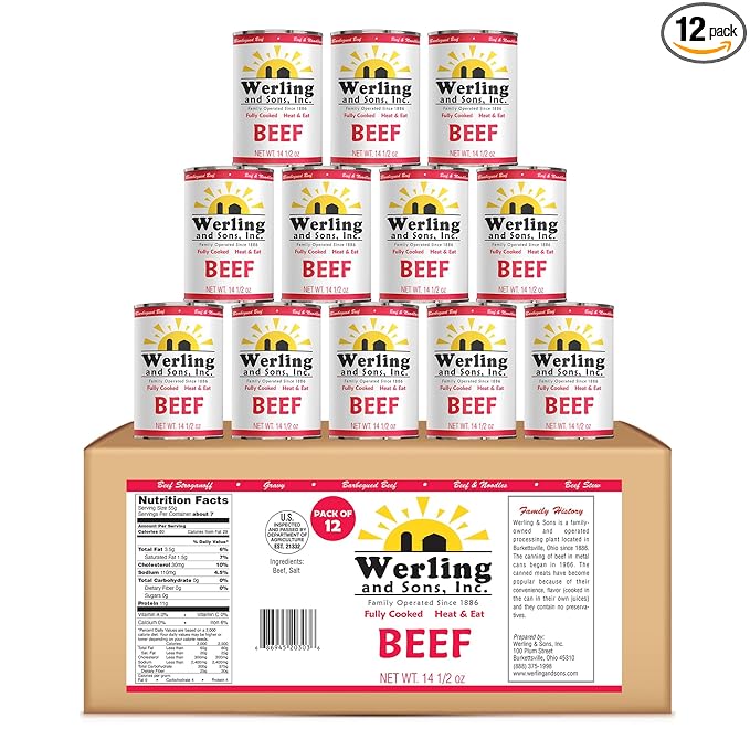 Werling Meat Canned Beef 14.5 Oz ??Fully Cooked, Heat & Eat | Shelf Stable Canned Meat for Pantry