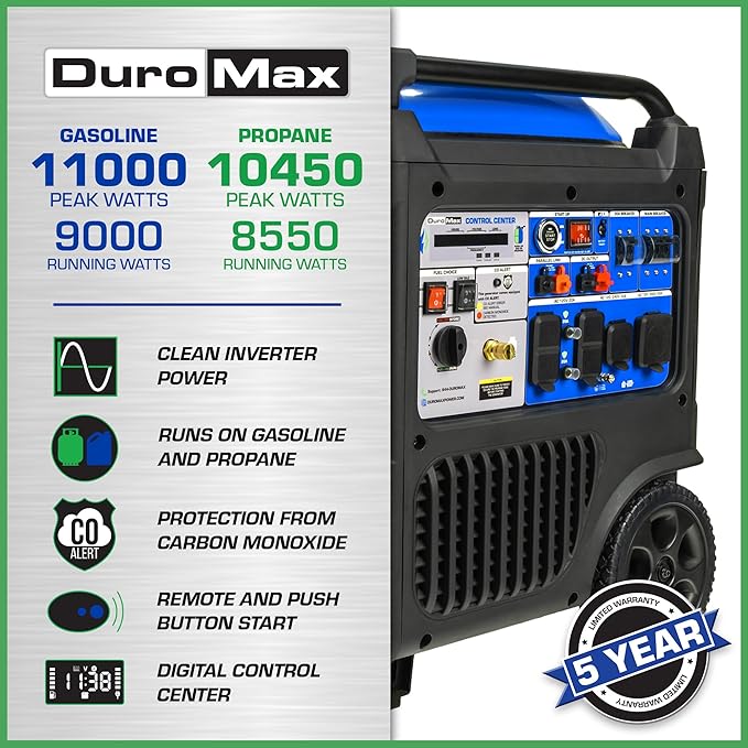 DuroMax XP11000iH 11,000-Watt Dual Fuel Portable Digital Inverter Generator - Gas & Propane, Remote