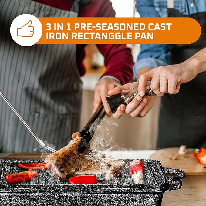 Bruntmor 3-in-1 Pre-Seasoned Cast Iron Pan with Reversible Grill Griddle Lid - 17.8"x11"x3.3"
