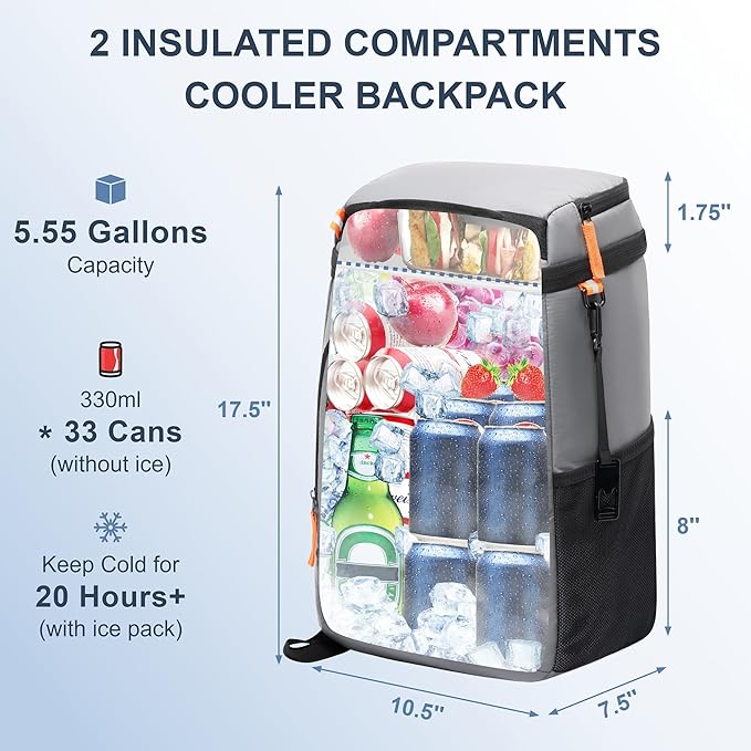 SPARTER Backpack Cooler Insulated Leak Proof 33/49 Cans, 2 Insulated Compartments Thermal Bag