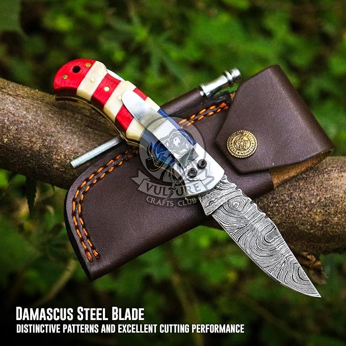 Damascus Steel Pocket Knife with Clip and Leather Sheath - EDC Knife for Outdoor and Camping