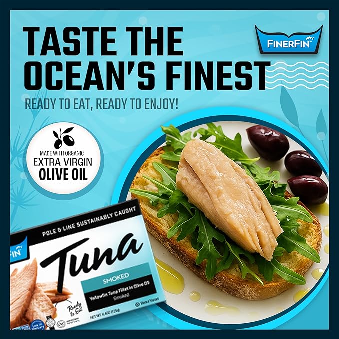 FinerFin Premium Smoked Yellowfin Tuna Fillets in Organic Extra Virgin Olive Oil, 4.4 oz (12 Pack)