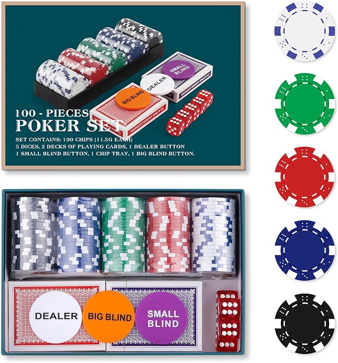 Poker Chip Travel Set, 100PCS 5 Color Professional Poker Chips in Cardboard Gift Box, 11.5 Gram