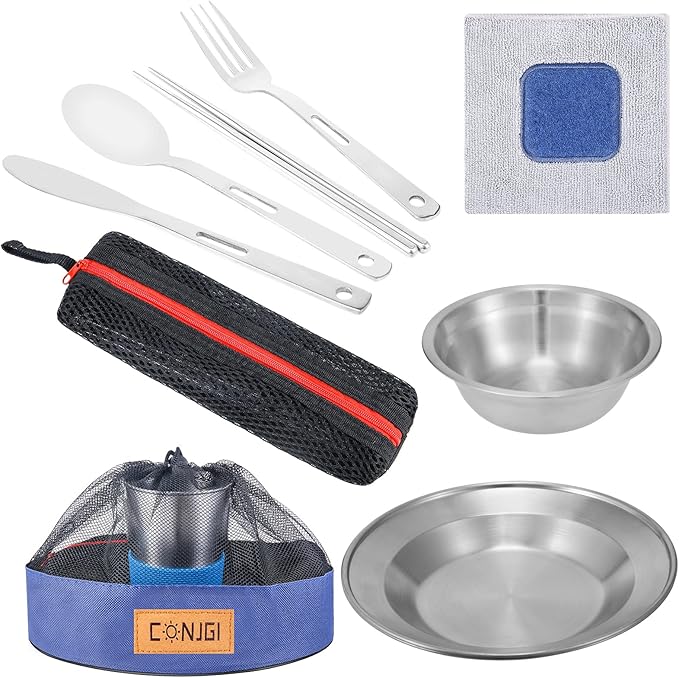 Outdoor Camping Mess Kit - 1 to 2 persons Camping Dishes Includes Cups, Bowls, Dishes, Knives