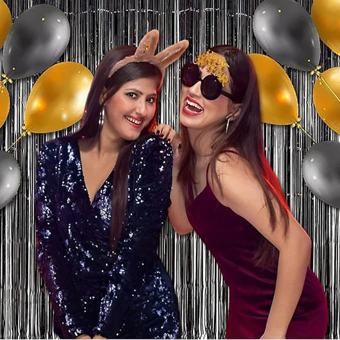 BRAVESHINE Black Halloweens Party Foil Fringe Curtains - 2 Pack Metallic Tinsel Photo Booth