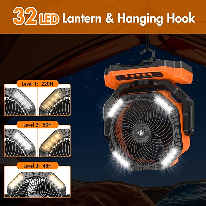 40000mAh Battery Powered Camping Fan - 136H Max Cooling, Rechargeable Battery Operated Oscillating