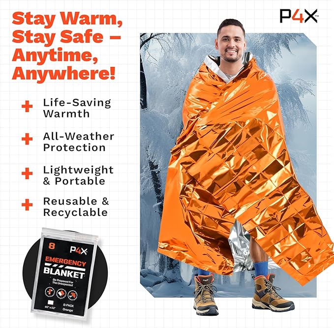 PREPARED4X Mylar Blankets 8 Pack - Waterproof Emergency Blanket - Rip and Tear Resistant