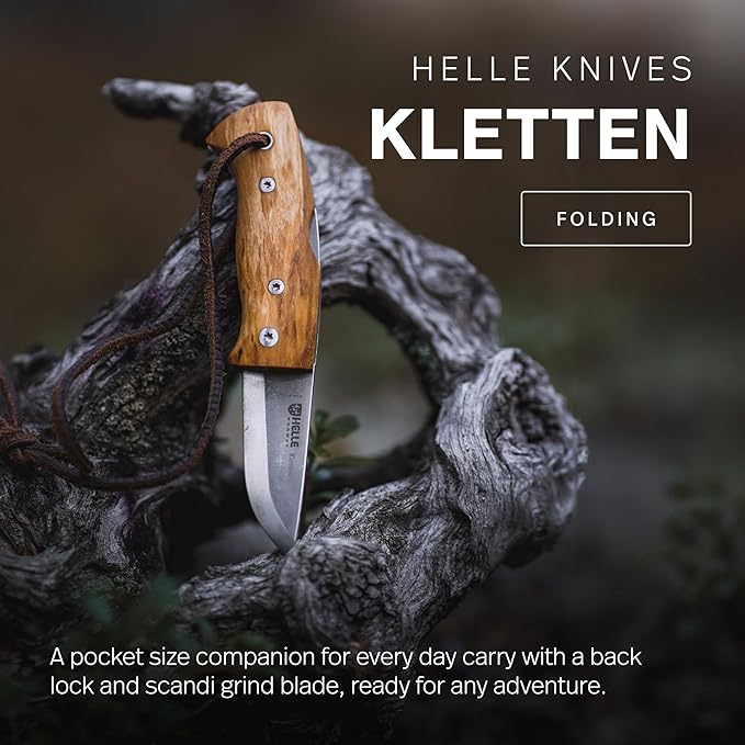 HELLE Knives - Kletten - Folding EDC Pocket Knife - Birch Wood Handle - Triple Laminated Stainless