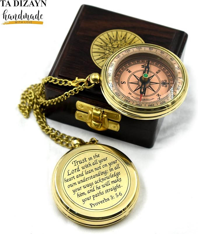Trust in The Lord With All Your Heart - Proverbs 3:5-6 Quote Engraved Compass With Wooden Box