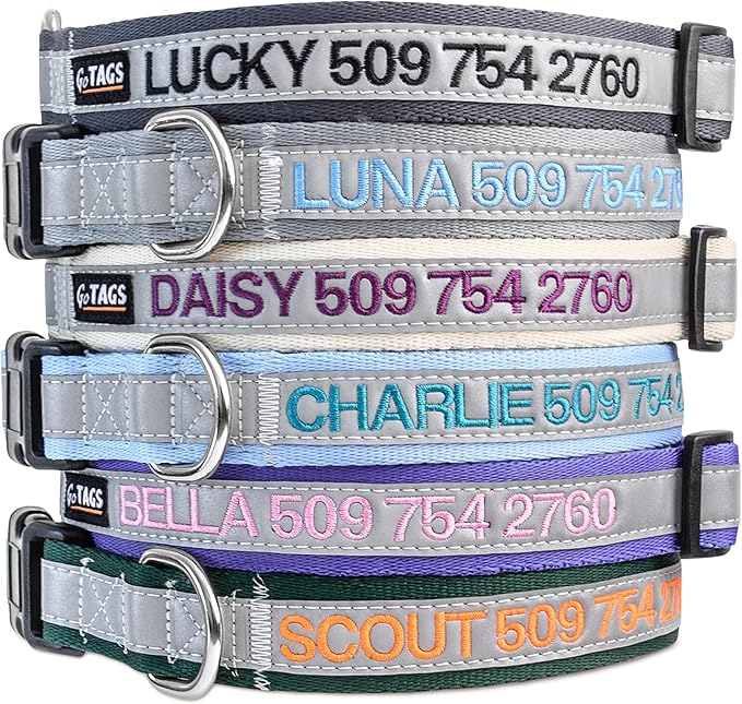 GoTags Reflective Personalized Dog Collar, Custom Embroidered Safety Collar with Pet Name and Phone