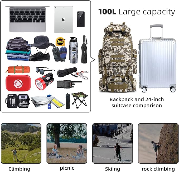 100L Camping Hiking Backpack,Molle military Tactical rucksack backpack,Waterproof Lightweight