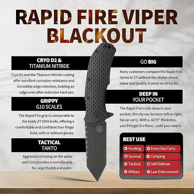 Off-Grid Knives - Rapid Fire Viper, Assisted Tanto Blade, Hard Use Build, Tactical, Camping &