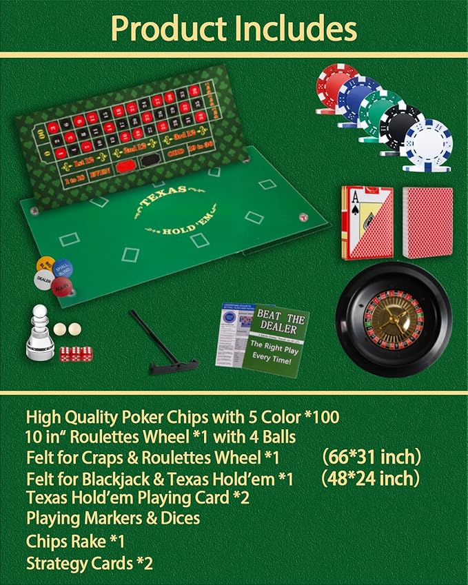 5 in 1 Casino Game Pro Set: 100 Pro Poker Chip, Blackjack+Roulette Wheel+Craps+Texas Holdem+Poker