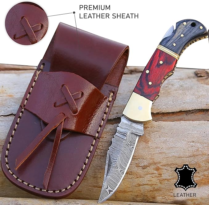 6.5 inch Damascus Pocket Knife with Sheath, Handmade Folding Pocket Knife for Men, Black-Red Wooden