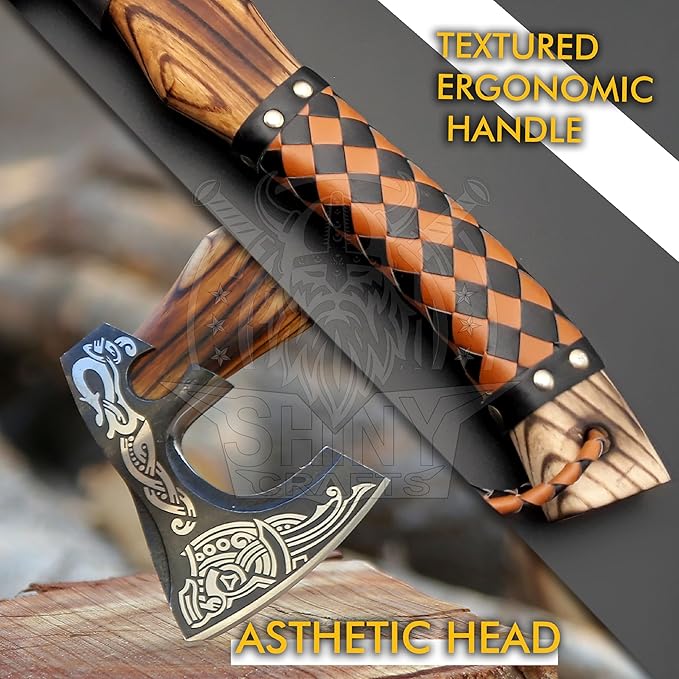 SHINY CRAFTS®- Handmade Viking Axe – Unique Gift for Him Engraved Carbon Steel Hatchet with Leather