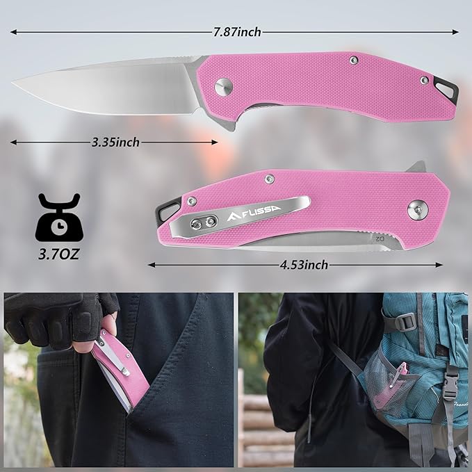 FLISSA Pocket Knife, Folding Tactical Knife with G10 Handle, D2 Blade, Liner Lock, Pocket Clip, EDC