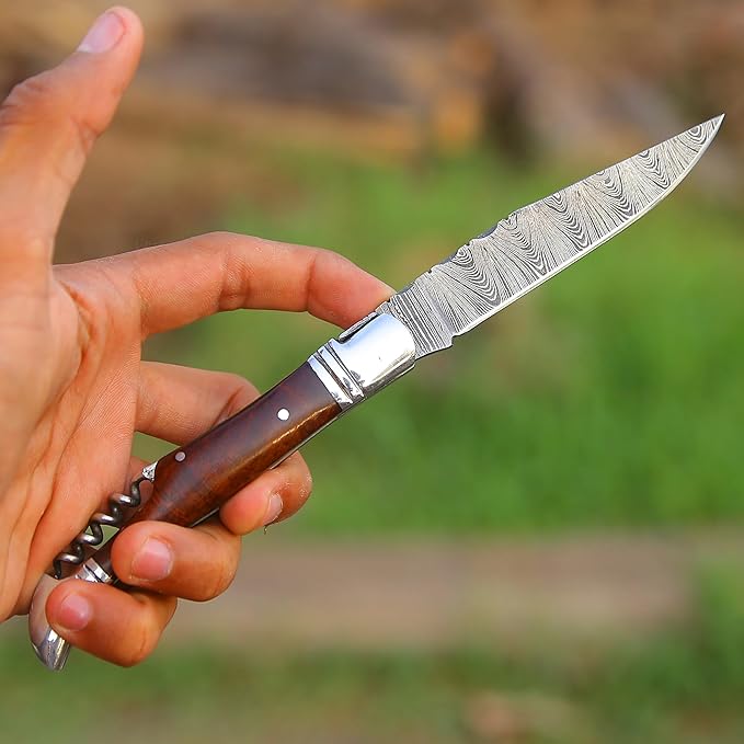 6.5 inch Damascus Pocket Knife with Sheath, Handmade Folding Pocket Knife for Men, Black-Red Wooden