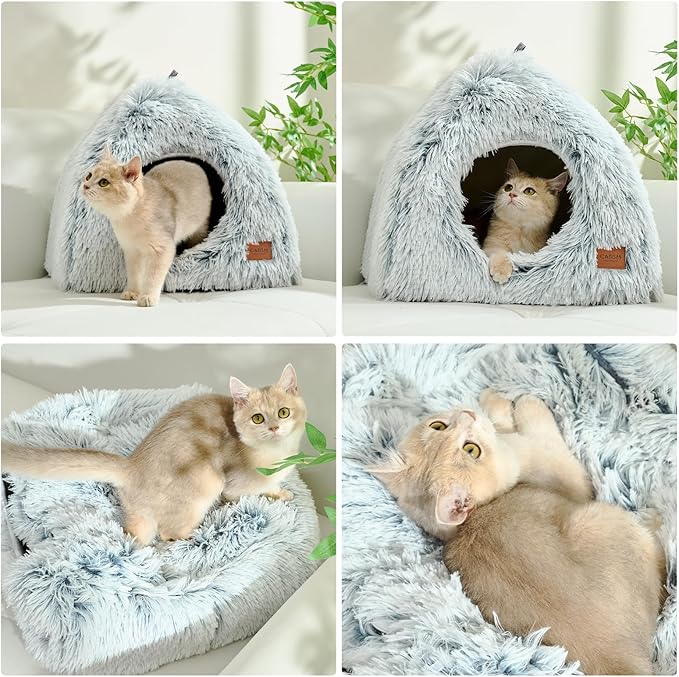 CATISM Cat Beds for Indoor Cats 2 in 1 Cat Bed Cave Machine Washable Fluffy Cat Cave Bed Foldable