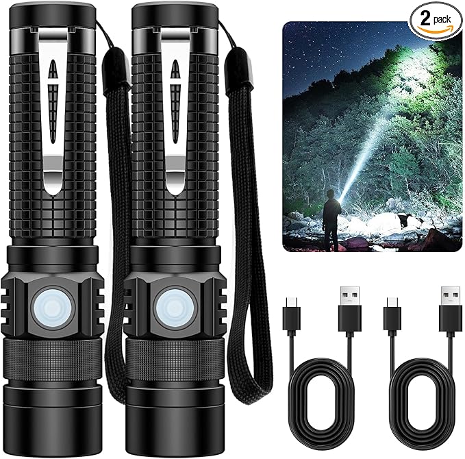 LED Tactical Flashlight Rechargeable - One Click SOS, Super Bright Small LED Flashlight 3Hr USB-C