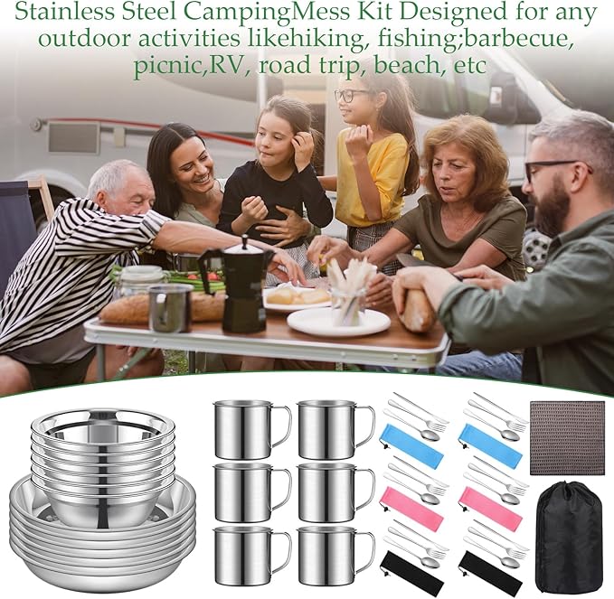 Lallisa Outdoor Camping Cookware Mess Kit Polished Stainless Steel Dishes Camping Utensils Portable