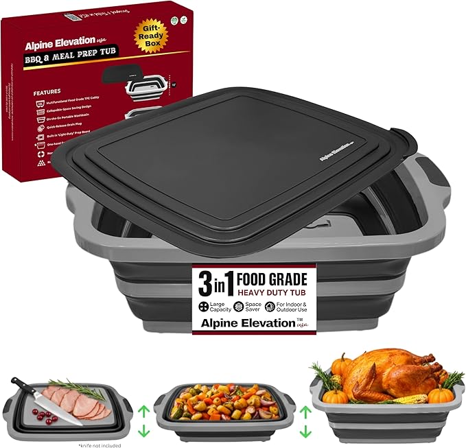 Collapsible X-Large (16L) BBQ Marinating Tub w/Cutting Board | Multipurpose Food-Grade TPE Prep Tub