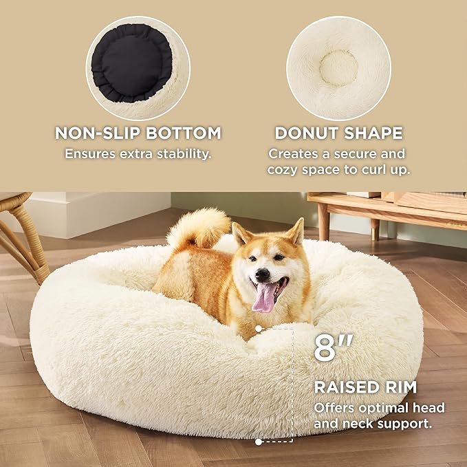 Bedsure Calming Dog Bed for Medium Dogs - Donut Washable Medium Pet Bed, Anti-Slip Round Fluffy