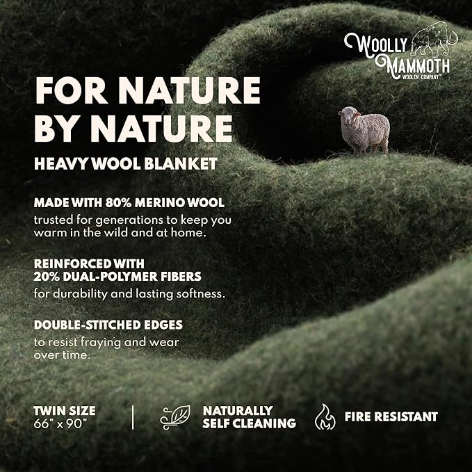 Woolly Mammoth Woolen Company Merino Wool Throw Blanket - 66 x 90 in, Hunter Green - Heavyweight