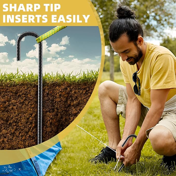 12 Inch Rebar Stakes, 8 Pack J Hook Heavy Duty Ground Stakes for Canopy Tent Trampoline and Chain