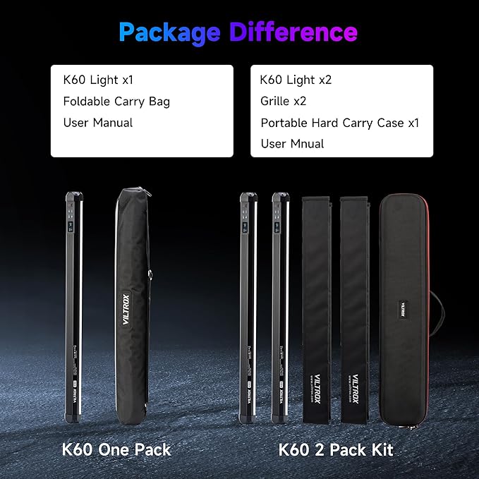 VILTROX K60 2 Pack Large Handheld Stick Light, 32Wh Rechargeable Battery 20W 1950lm RGB LED Video