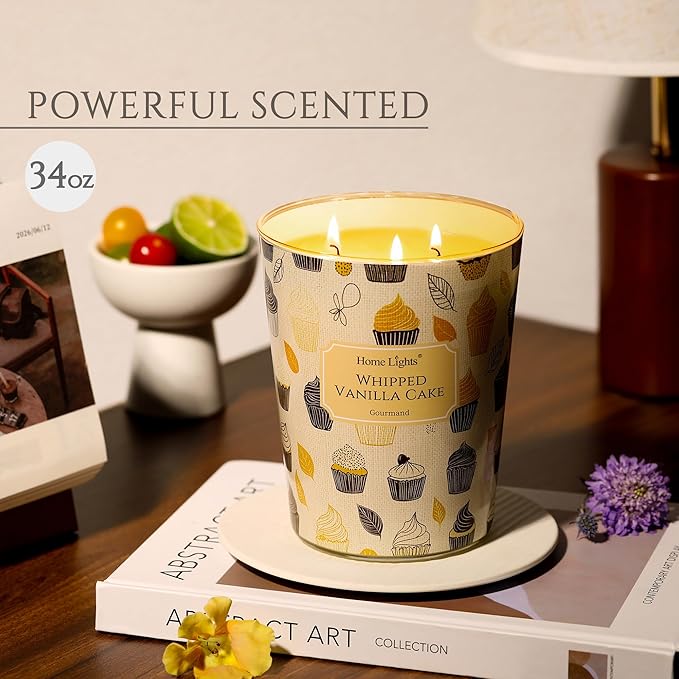 HomeLights Soy Wax Candles for Home Scented, 3-Wick Candles in Whipped Vanilla Cake Scented, Rustic