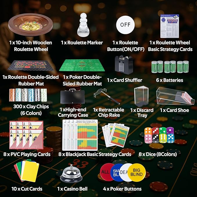 5 in 1 Super Pro Casino Game Set: Blackjack/Texas Hold'em/Roulette/Craps/Poker Kit, 10" Wooden