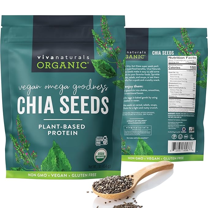 Viva Naturals Organic Chia Seeds, 1 lb (454 g) – Plant-Based Omega-3 and Vegan Protein, Gluten Free