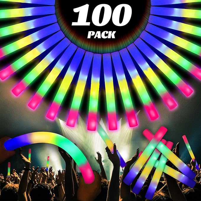 100 Pcs 18.5 inch Foam Glow Sticks Bulk, 4 Color LED Light Foam Sticks, Glow In The Dark Party