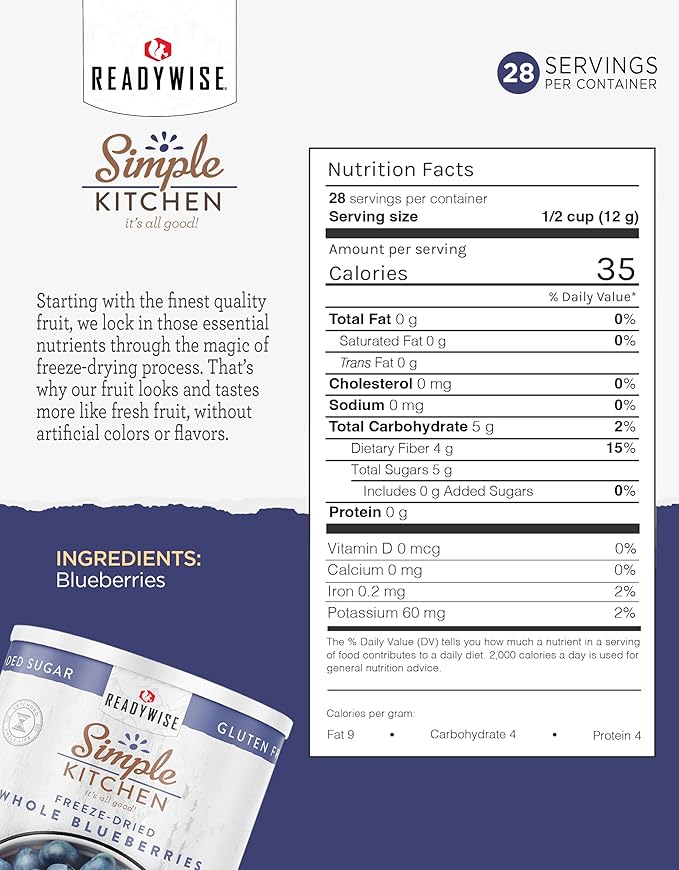 READYWISE - Simple Kitchen Freeze Dried Whole Blueberries, 28 Servings, Vegan, Gluten Free, Fruit