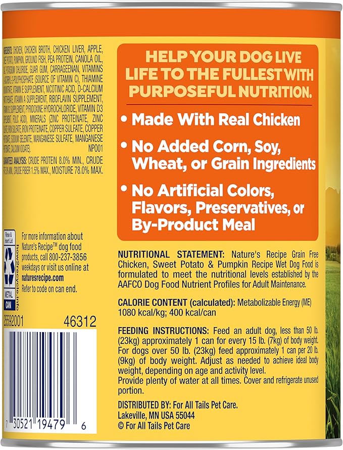Nature's Recipe Grain Free Wet Dog Food Chicken, Sweet Potato, and Pumpkin Recipe, 13 oz. Can (Pack