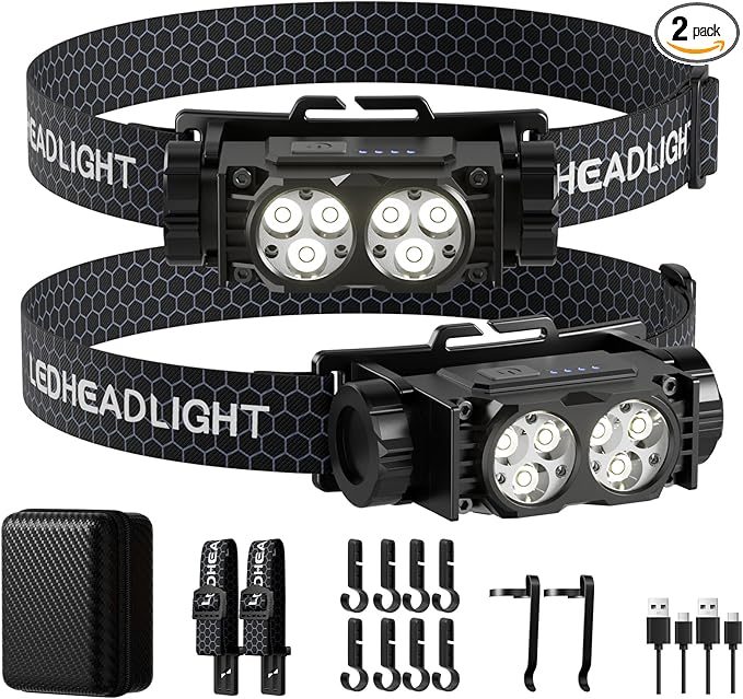 Headlamp Rechargeable 2PCS,4500L Super Bright Light Bright LED Rechargeable Headlight with White
