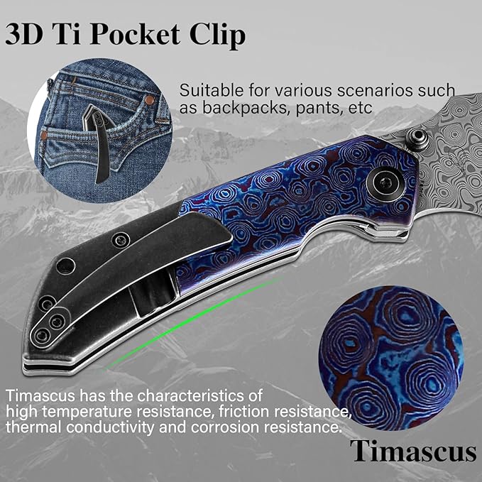 KANSEPT Fenrir Pocket Folding Knives for Men Women EDC Camping Fishing Knives 3.48'' Damascus