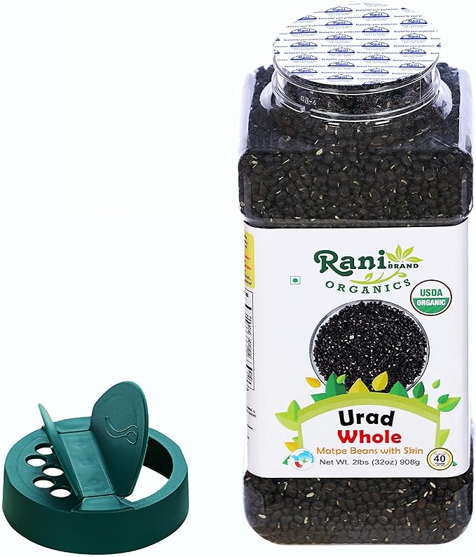 Rani Organic Urid/Urad Whole Black (Matpe Beans With Skin) Indian Lentils 32oz (2lbs) 908g PET Jar
