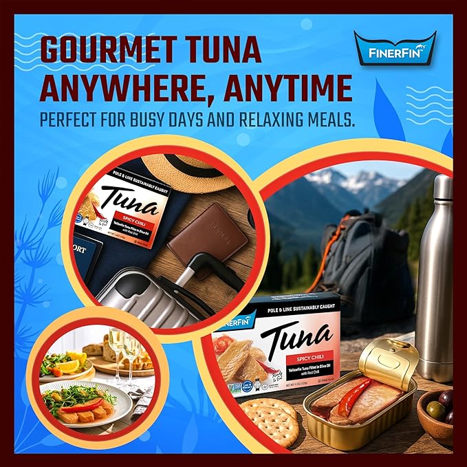 FinerFin Yellowfin Tuna In Organic Olive Oil ??Spicy Chili Flavor (4.4oz can - 6 Pack); Premium