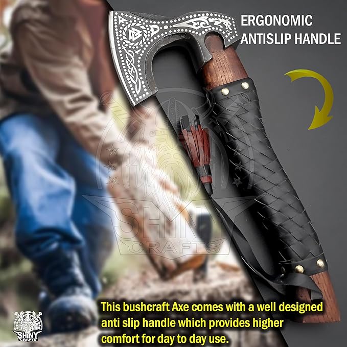 SHINY CRAFTS®- Engraved Viking Axe – Gift for Outdoorsman Hand-Forged Hatchet with Leather Wrap
