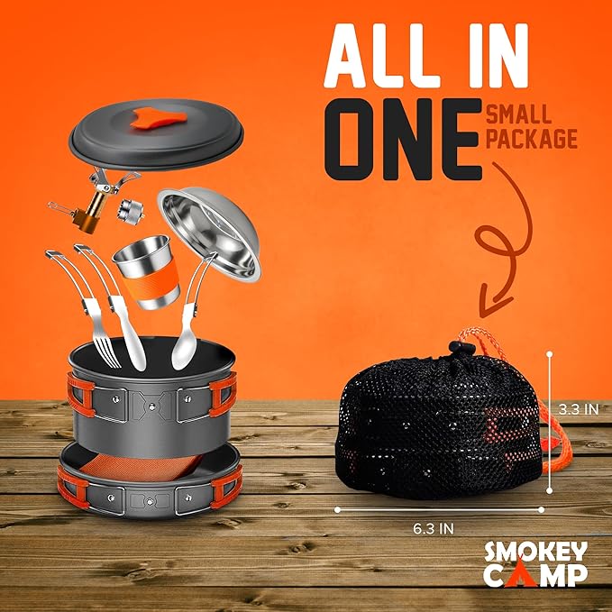 Camping Cookware Mess Kit Set with Stove - Backpacking Camping Pots and Pans Set, All in One