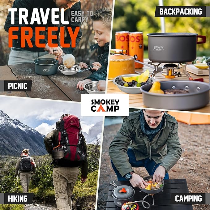 Camping Cookware Mess Kit Set with Stove - Backpacking Camping Pots and Pans Set, All in One