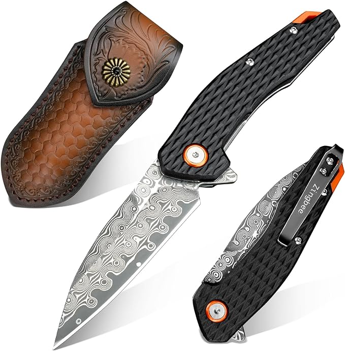 Damascus Folding Knife, 3.03" Damascus Steel Blade Pocket Knives with Clip, Black Aluminum Handles