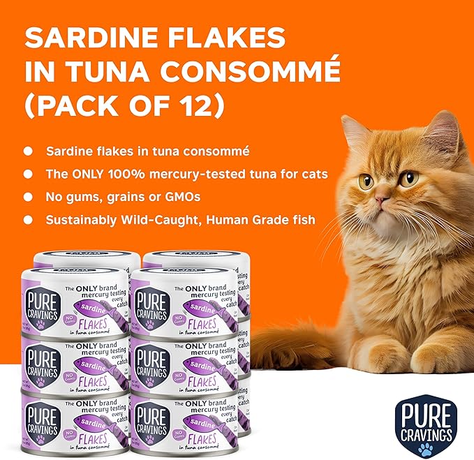 Pure Cravings Sardine Flakes in Tuna Consommé, Canned Wet Cat Food Soup, 100% Mercury-Tested, Moist
