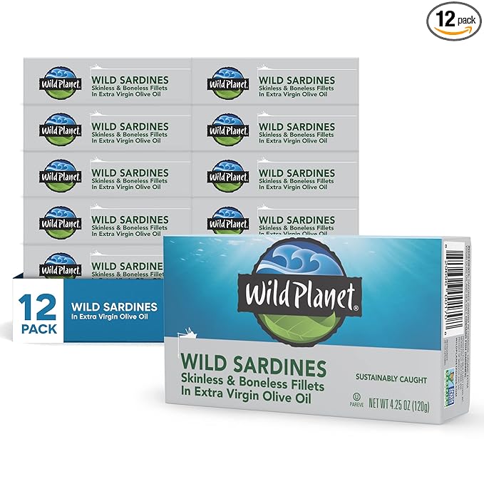 Wild Planet Wild Sardines in Extra Virgin Olive Oil with Sea Salt, Skinless & Boneless, Tinned Fish